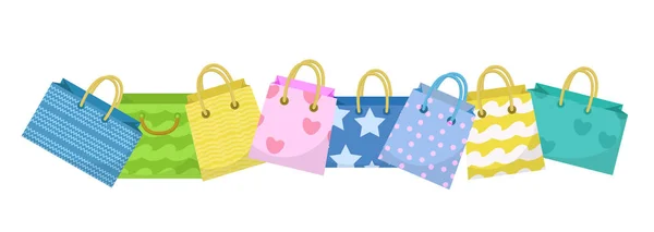 Lindo banner de bolsa de compras. Bolsas de compras coloridas con tablero de diseño diferente. Bolsas de papel con espacio para texto. Paquete regalo. Ilustración vectorial. — Vector de stock