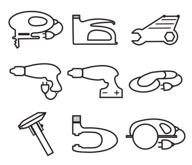 Mekanik araçlar simgeler, modern çizgi stili. Öğesi logosu, beyaz bir arka plan üzerinde izole. Vektör çizim