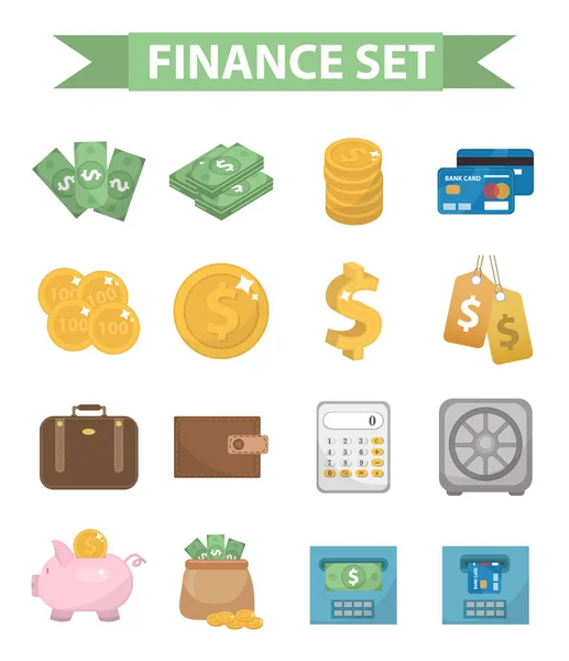 Money and Finance icons, modern flat style. Collection isolated on white background. Bank objects items. Vector illustration, clip-art. — Stock Vector