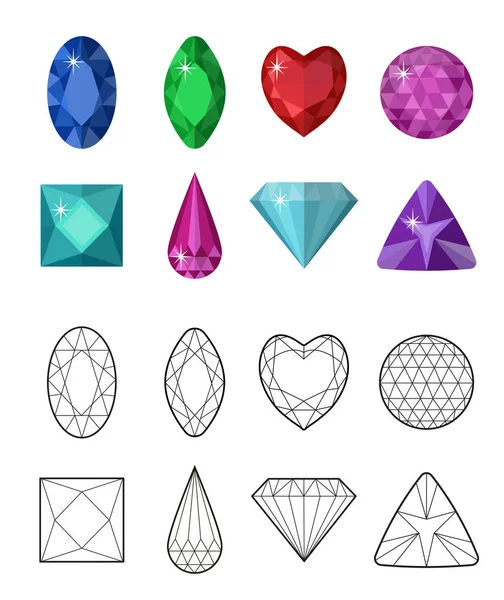 Pierres précieuses et ligne coupée. Différentes facettes pour les cristaux. Collection de bijoux isolés sur fond blanc. Des diamants. Réaliste, style dessin animé. Illustration vectorielle, clip art — Image vectorielle