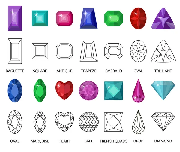 보석 및 커트 라인을 설정합니다. 결정에 대 한 다른 면 쥬얼리 컬렉션 흰색 배경에 고립입니다. 다이아몬드입니다. 현실, 만화 스타일 벡터 일러스트 레이 션, 클립 아트 — 스톡 벡터