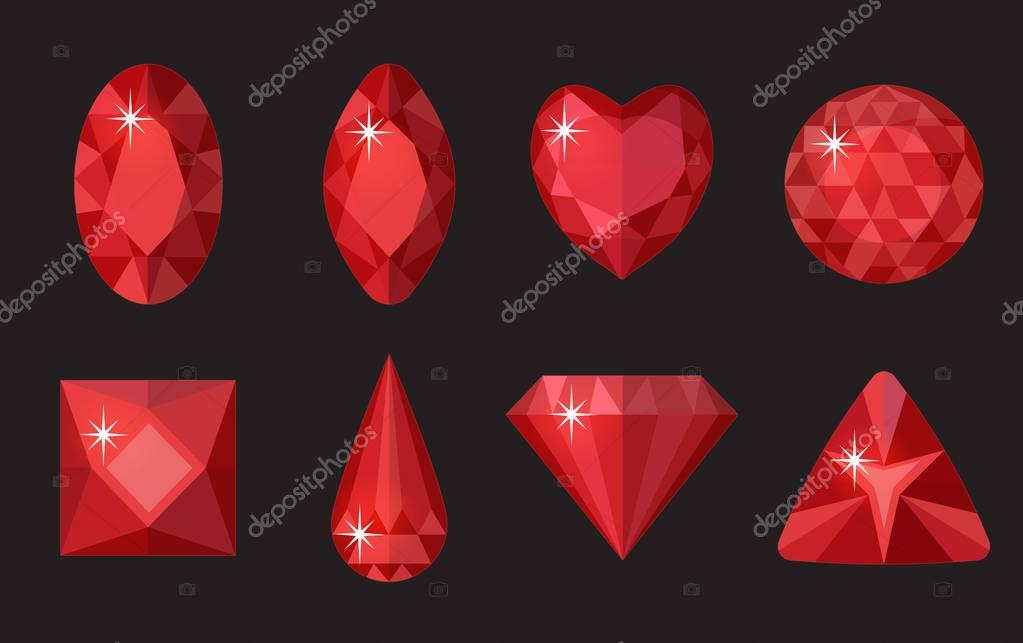 Red gems set. Jewelry, crystals collection isolated on black background. Rubies, diamonds of different shapes, cut. Colorful red gemstones. Realistic, cartoon style. Vector illustration, clip art