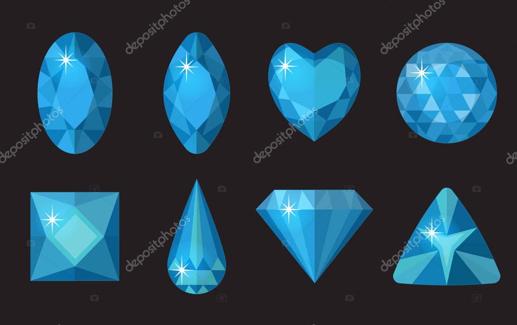 Blue gems set. Jewelry, crystals collection isolated on black background. Blue diamonds of different shapes, cut. Colorful blue gemstones. Realistic, cartoon style. Vector illustration, clip art