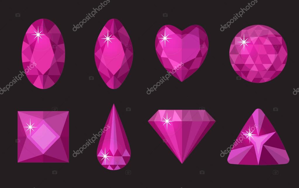 Pink gems set. Jewelry, crystals collection isolated on black background. Precious stones of different shapes, cut. Colorful pink gemstones. Realistic, cartoon style. Vector illustration