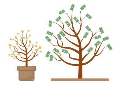 Ağaç para ile. Sikke ve dolar. Evrim, büyüme, ilerici kavramı. Düz tasarım, izole beyaz arka plan. Vektör çizim, küçük resim