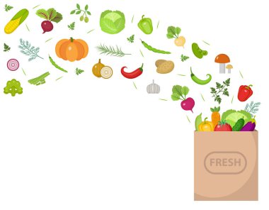 Kağıt torba taze sebze ile alışveriş. Düz tasarım. Metin, beyaz arka plan üzerinde izole için afiş yer. Sağlıklı yaşam tarzı, vegan, vejetaryen diyet, çiğ gıda. Vektör çizim