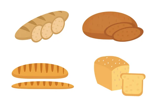 Pane, baguette, pane. Collezione di prodotti da forno. Design piatto, isolato su sfondo bianco. Illustrazione vettoriale, clip art . — Vettoriale Stock