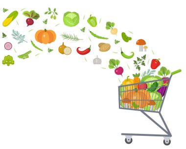 Tam arabası, sepeti taze sebze ile. Düz tasarım. Beyaz arka plan üzerinde izole metin, afiş, alan. Sağlıklı yaşam tarzı, vegan, vejetaryen diyet, çiğ gıda. Vektör çizim