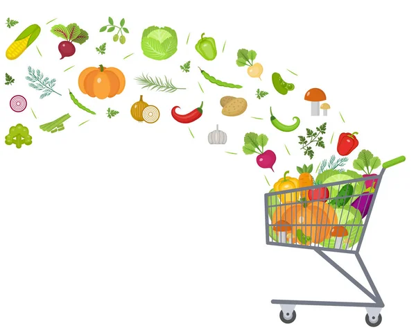 Carrello pieno, carrello con verdure fresche. Design piatto. Banner, spazio per testo, isolato su sfondo bianco. Stile di vita sano, vegano, dieta vegetariana, cibo crudo. Illustrazione vettoriale — Vettoriale Stock