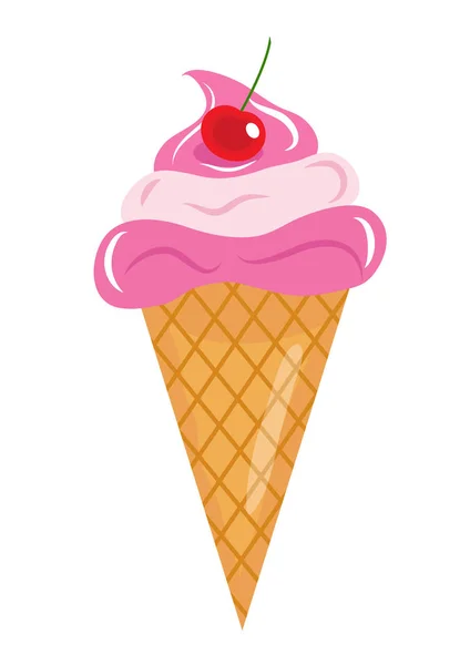 Kužel zmrzliny s třešní ikonu ploché kreslený styl. Izolované na bílém pozadí. Vektorové ilustrace, klipart — Stockový vektor