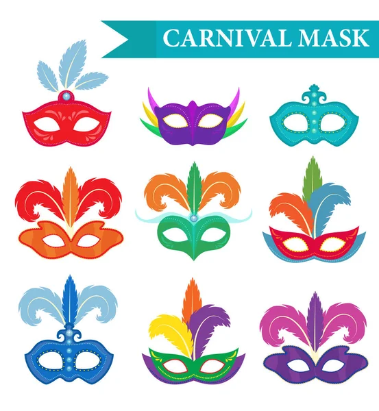 Set di maschere in maschera, in stile piatto. Collezione Carnevale isolata su sfondo bianco. Festa. Illustrazione vettoriale, clip art — Vettoriale Stock