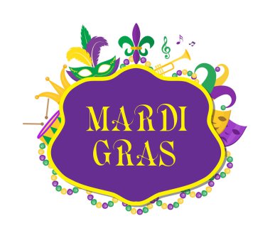 Mardi Gras poster maskesi, boncuk, trompet, davul, fleur de lis, soytarı şapkası, maskeler, komedi ve drama ile. Karnaval şablon, el ilanı, davet. Yağ Salı arka plan. Vektör çizim