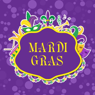 Mardi Gras poster maskesi, boncuk, trompet, davul, fleur de lis, soytarı şapkası, maskeler, komedi ve drama ile. Karnaval şablon, el ilanı, davet. Yağ Salı arka plan. Vektör çizim