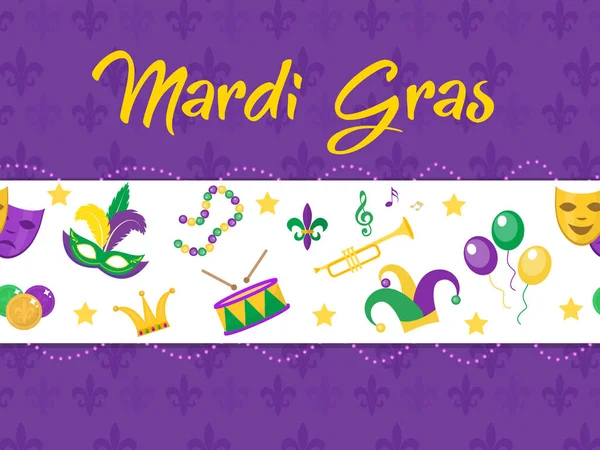 Mardi Gras plakát s maskou, korálky, trumpeta, buben, fleur de lis, Šaškovská čepice, masky, komedie a dramatu. Šablona karneval, leták, pozvání. Tuk úterý pozadí. Vektorové ilustrace — Stockový vektor