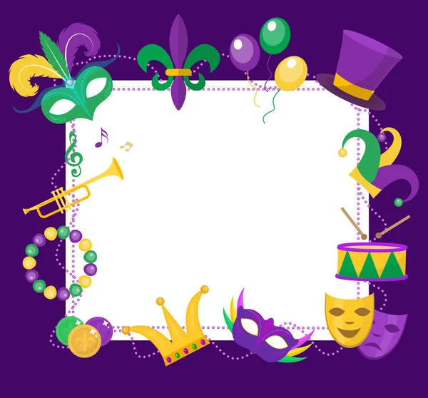 Mardi Gras frame sjabloon met ruimte voor tekst. Carnaval poster, flyer, uitnodiging. Partij, parade achtergrond. Vectorillustratie — Stockvector