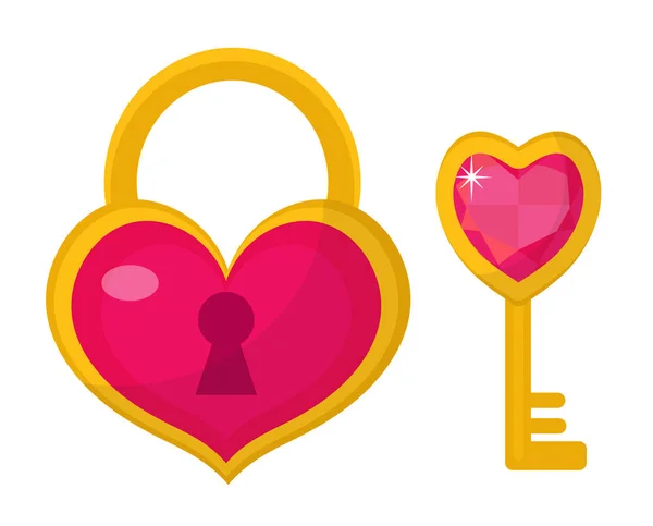 Cadenas coeur et icône clé, design plat. Saint Valentin, amour, rencontres, concept de mariage. Isolé sur fond blanc. Illustration vectorielle, clip art . — Image vectorielle