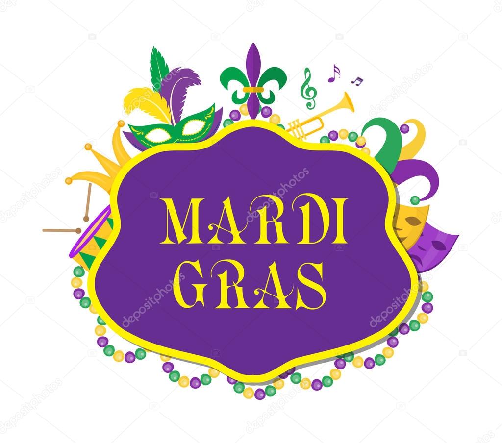 Mardi Gras poster with mask, beads, trumpet, drum, fleur de lis, jester hat, masks, comedy and drama. Carnival template, flyer, invitation. Fat Tuesday background. Vector illustration