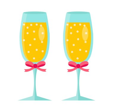Şampanya bardakları, düz dizayn. Beyaz arka planda izole edilmiş. Vektör illüstrasyonu, klip sanatı.