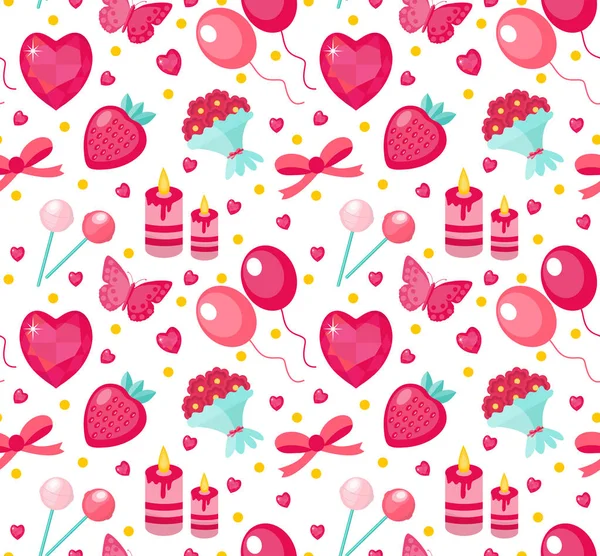 Cute seamless pattern Valentines day with strawberries, heart, flower, butterfly, ribbon. Love, romance endless background, texture, wallpaper. Flat, cartoon style. Vector illustration. — Stock Vector