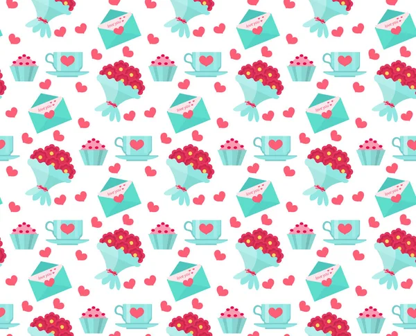 Cute seamless pattern Valentines day with coffee and cake, heart, bunch of flowers, love letter, romance endless background, texture, wallpaper. Flat, cartoon style. Vector illustration. — Stock Vector