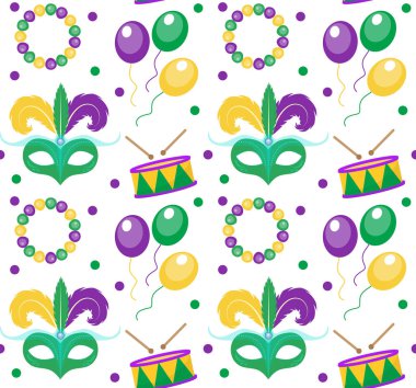 Mardi Gras karnaval maskesi tüyler, boncuk ile seamless modeli. sonsuz arka plan, doku, duvar kağıdı. Vektör çizim