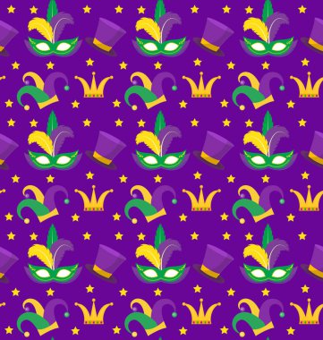 Mardi Gras karnaval maske tüy, taç, palyaço şapka ile seamless modeli. sonsuz arka plan, doku, duvar kağıdı. Vektör çizim