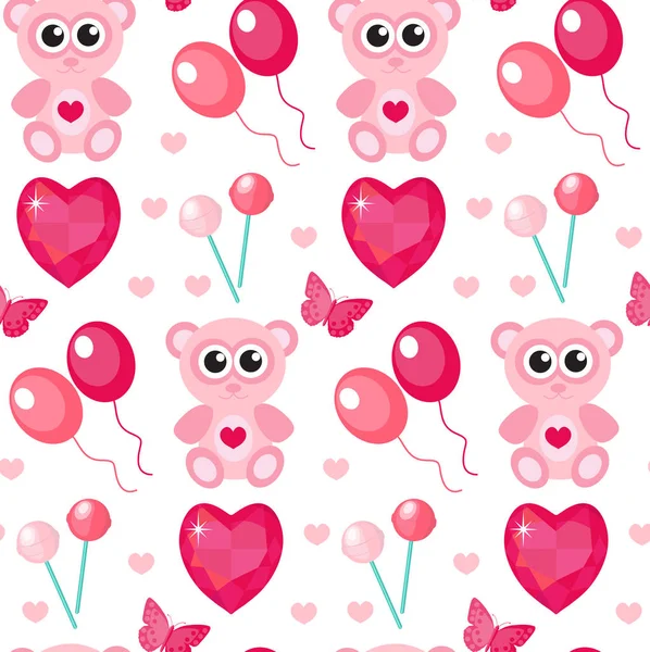 Niedlichen nahtlosen Muster Valentinstag mit Teddybär, Kugeln, Herzen. Liebe, Romantik, endloser Hintergrund, Textur, Tapete. flach, Cartoon-Stil. Vektorillustration. — Stockvektor