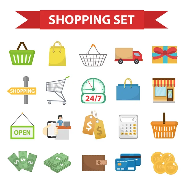 Conjunto de iconos de compras, estilo plano. Tienda colección de iconos aislados sobre fondo blanco. Almacene objetos y objetos. Ilustración vectorial, clip-art — Vector de stock