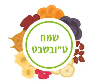 Tu Bishvat tebrik kartı, çerçeve metin için. Yahudi tatil, yılbaşı ağaçları. Meyve şablon tasarımınızın kurumuş. Vektör çizim