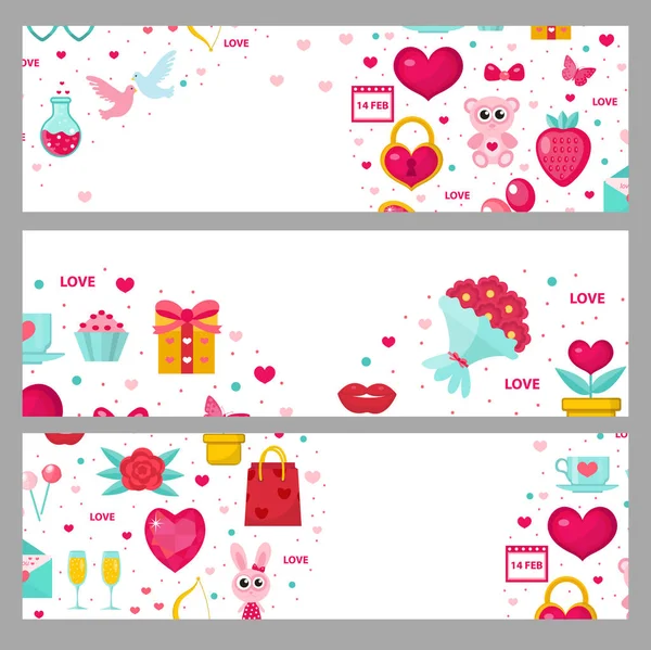 Conjunto de pancartas del día de San Valentín. Plantilla con espacio para texto. Amor, romance, frontera horizontal. Ilustración vectorial . — Archivo Imágenes Vectoriales