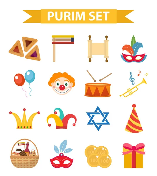 Happy Purim conjunto de carnaval de elementos de design, ícones. Férias judaicas, isoladas em fundo branco. Vetor ilustração clip-art —  Vetores de Stock