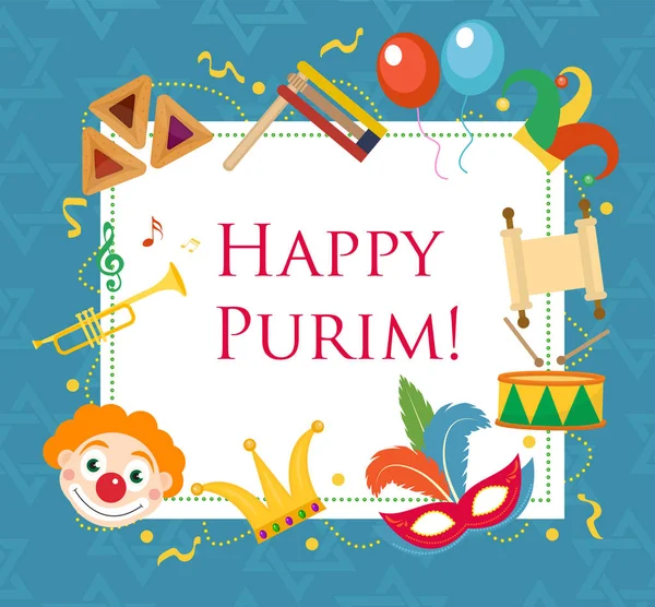 Happy Purim, modelo de cartão de saudação, cartaz, panfleto, quadro para texto. Férias judaicas, carnaval. Ilustração vetorial —  Vetores de Stock