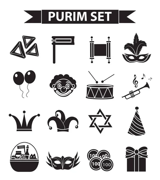 Conjunto de iconos de carnaval Happy Purim, estilo silueta negra. Signos judíos de la colección de vacaciones, símbolos, aislados sobre fondo blanco. Vector ilustración clip-art — Archivo Imágenes Vectoriales