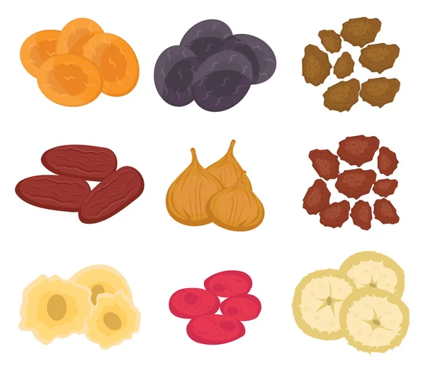 Fruits secs ensemble, style plat. Raisins, abricots, pruneaux isolés sur fond blanc. Illustration vectorielle, clip art — Image vectorielle