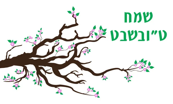 Biglietto d'auguri Tu Bishvat, poster. Vacanza ebrea, anno nuovo di alberi. Albero in fiore. Illustrazione vettoriale . — Vettoriale Stock