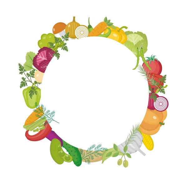 Verdure cornice rotonda con spazio per il testo. Stile piatto. Isolato su sfondo bianco. Stile di vita sano, vegano, dieta vegetariana, cibo crudo. Illustrazione vettoriale. — Vettoriale Stock