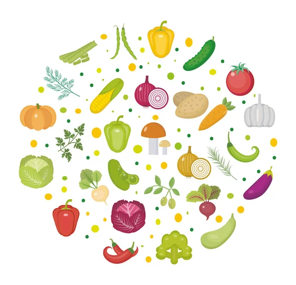 Icono de verduras en forma redonda. Estilo plano. Aislado sobre fondo blanco. Vida sana, vegana, dieta vegetariana, comida cruda. Ilustración vectorial. — Vector de stock