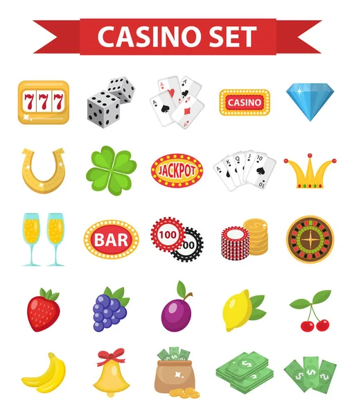 Casino icons, flat style. Gambling set isolated on a white background. Poker, card games, one-armed bandit, roulette collection of design elements. Vector illustration, clip art. Royalty Free Stock Illustrations