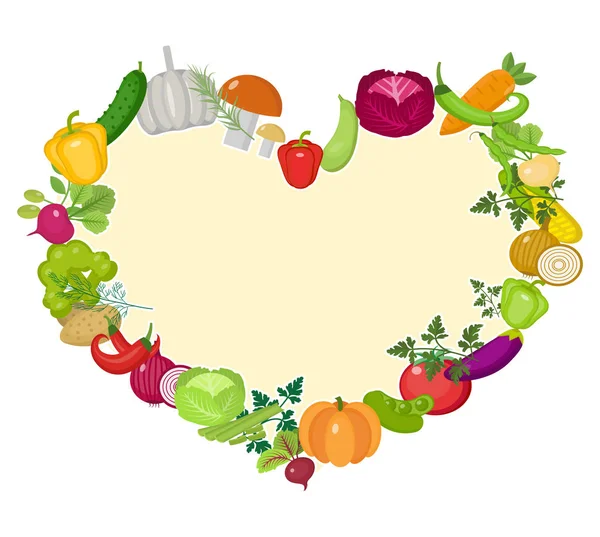 Las verduras enmarcan en forma de corazón. Estilo plano. Aislado sobre fondo blanco. Vida sana, vegana, dieta vegetariana, comida cruda. Ilustración vectorial . — Vector de stock