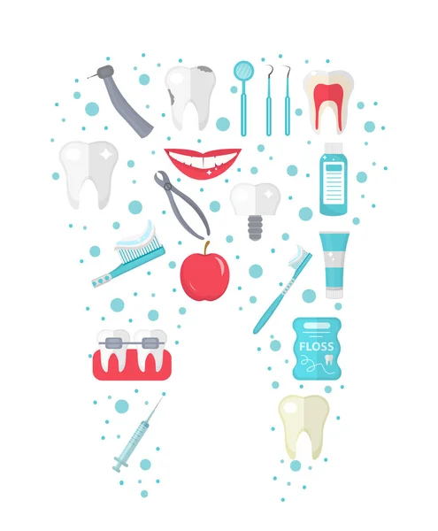 Dental icon set in tooth form, flat style. Stomatology kit isolated on white background.Dentistry collection of design elements. Vector illustration, clip art. — Stock Vector