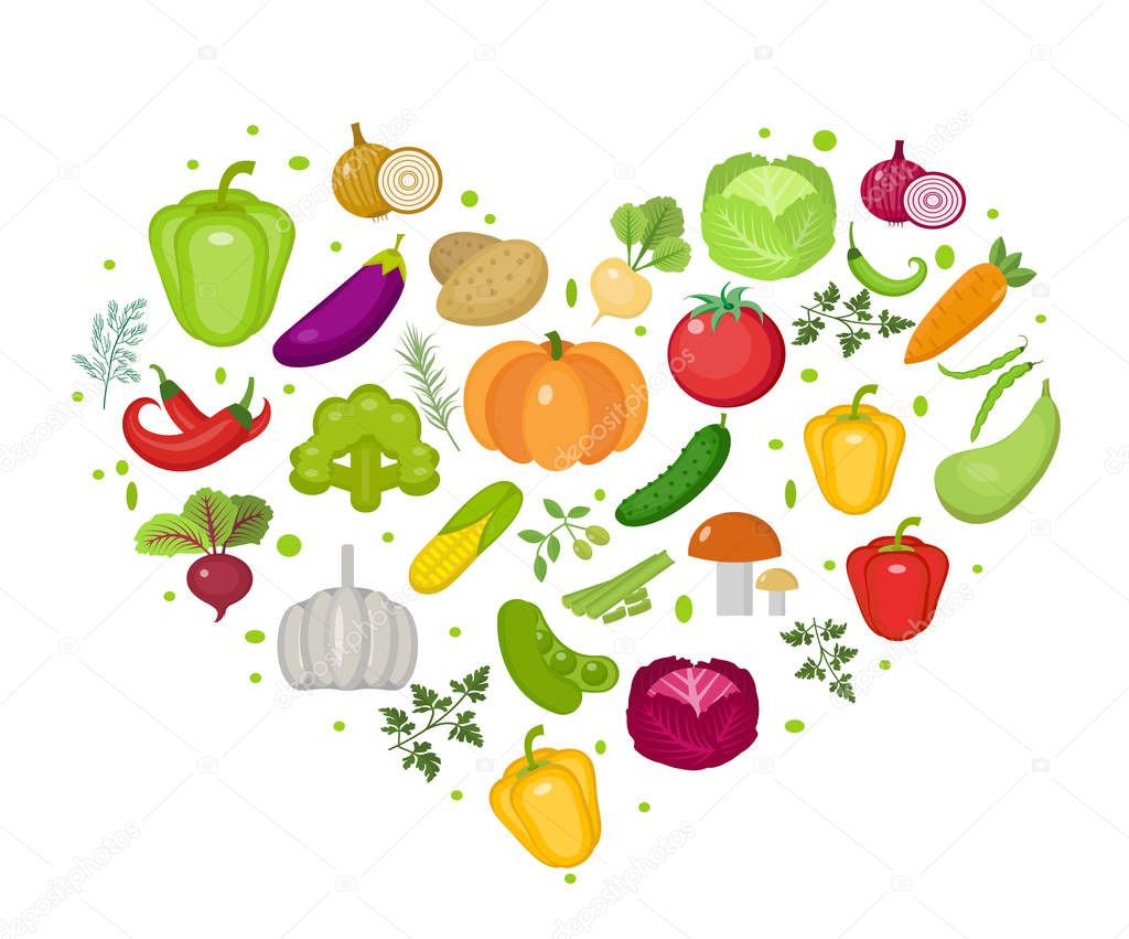 Vegetables icon set in heart shape. Flat style. Isolated on white background. Healthy lifestyle, vegan, vegetarian diet, raw food. Vector illustration.