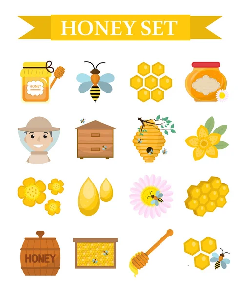 Honig-Ikone Set, flach, Cartoon-Stil. Bienenzucht Sammlung von Objekten isoliert auf weißem Hintergrund. Design-Elemente für Imkerei-Kits. Vektorillustration — Stockvektor