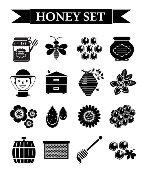 Conjunto de iconos de miel, estilo silueta negra. Colección apícola de objetos aislados sobre fondo blanco. Kit apicultura elementos de diseño. Ilustración vectorial — Vector de stock