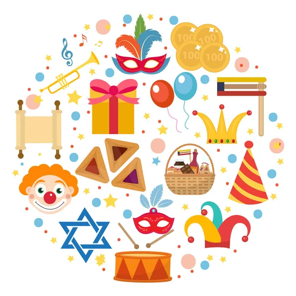 Purim icons set in round shape, isolated on white background. Vector illustration clip-art. — Stock Vector