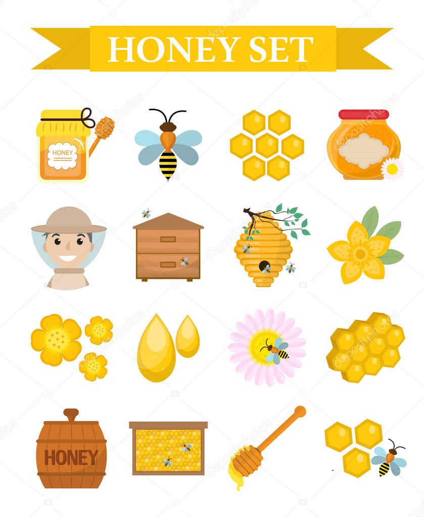 Honey icon set, flat, cartoon style. Beekeeping collection of objects isolated on white background. Apiculture kit  design elements. Vector illustration