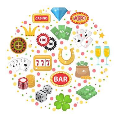 Yuvarlak şekilli gazino simgeleri. Kumarhane seti beyaz arka planda izole edilmiş. Poker, kart oyunları, tek kollu haydut, rulet tasarım elementleri koleksiyonu. Vektör illüstrasyonu, klip sanatı.