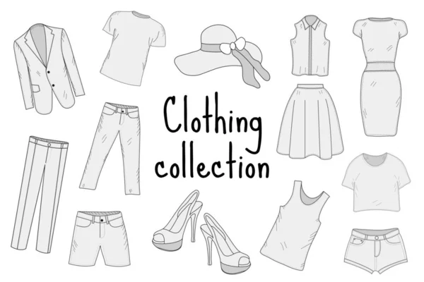 Abbigliamento set disegno a mano, schizzo, stile doodle. Collezione di abbigliamento. Illustrazione vettoriale. — Vettoriale Stock