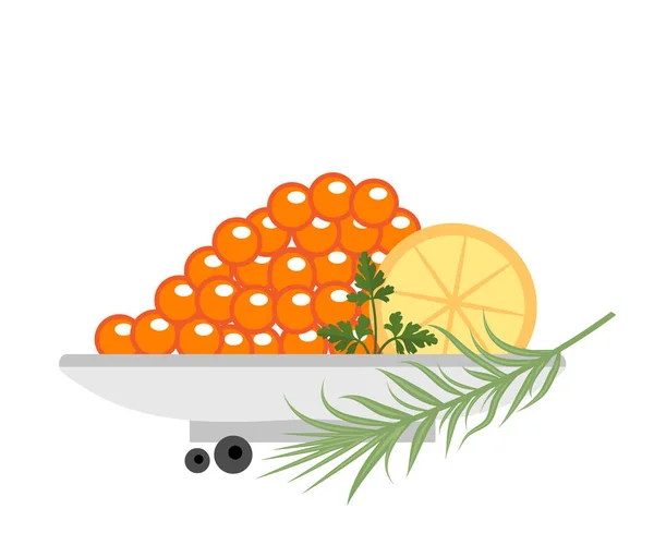 Caviar vermelho em uma chapa com ícones de limão e verde. Estilo plano, isolado sobre fundo branco. Ilustração vetorial, clip art. — Vetor de Stock