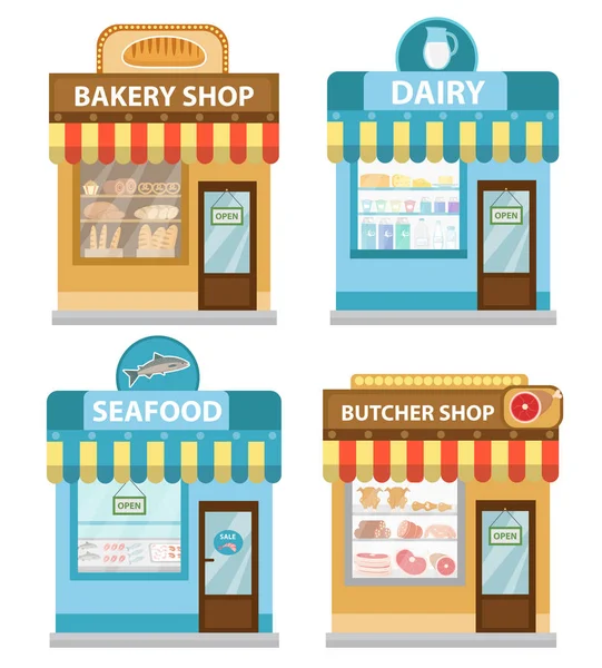 Tiendas conjunto de edificios, de estilo plano. Tienda colección aislada sobre fondo blanco. Productos de pescado, carne, lácteos, panadería. Ilustración vectorial, clip art. — Vector de stock