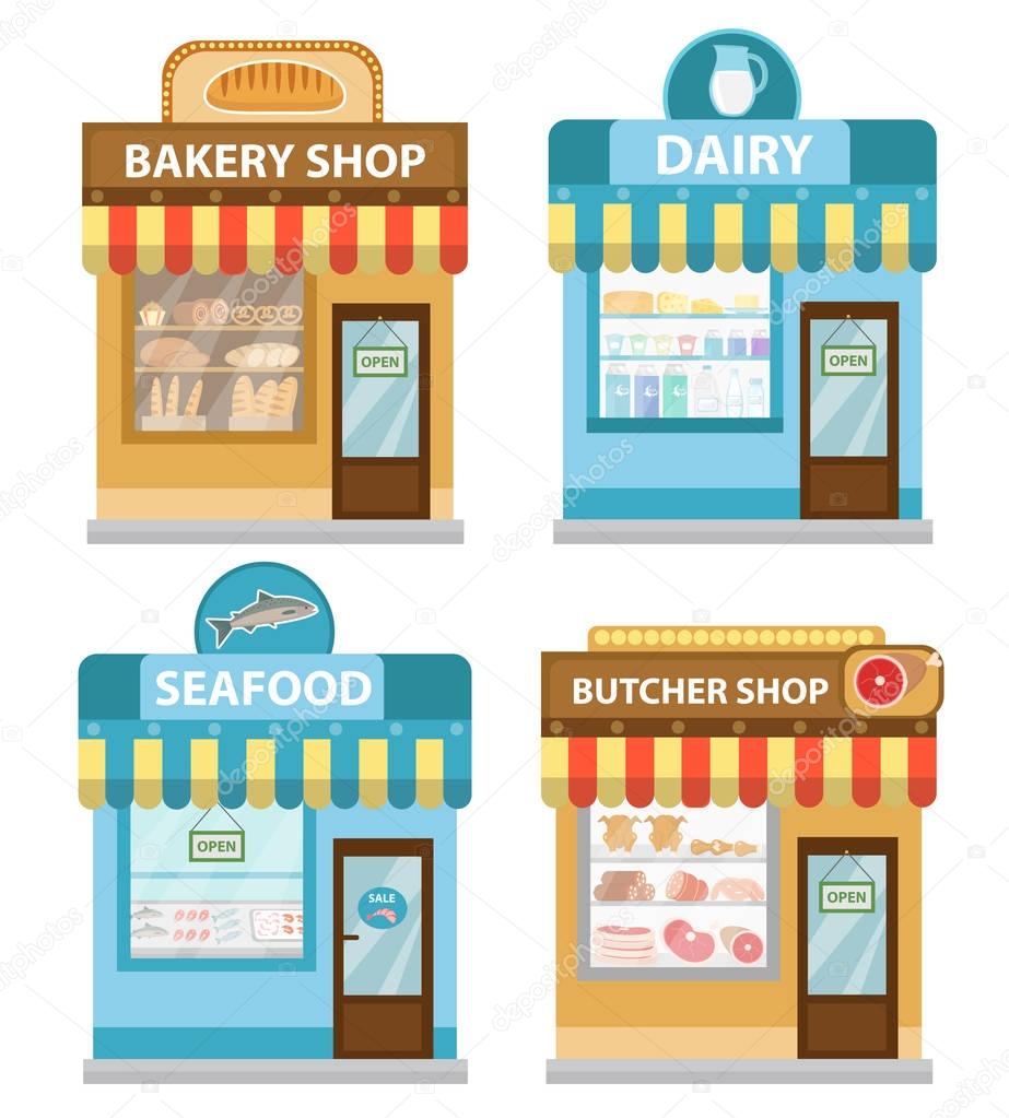 Stores building set, flat style. Shop collection isolated on white background. Fish products, meat, dairy, bakery. Vector illustration, clip art.